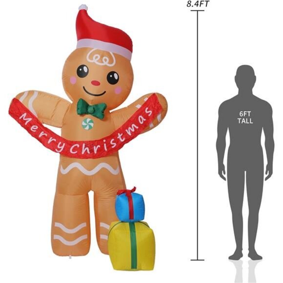 8.4 FT Christmas Inflatables Gingerbread Man with Gift...